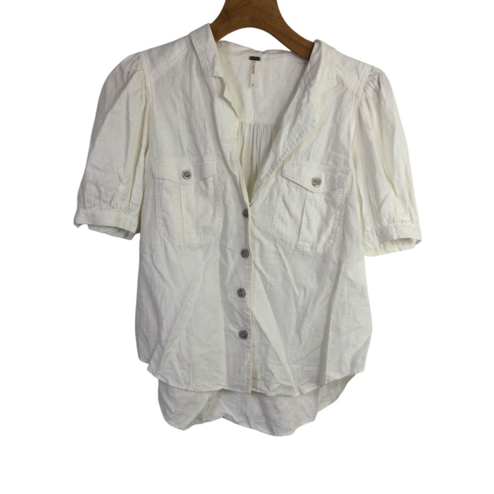 Free People Cream Button-Down Short Sleeve Shirt